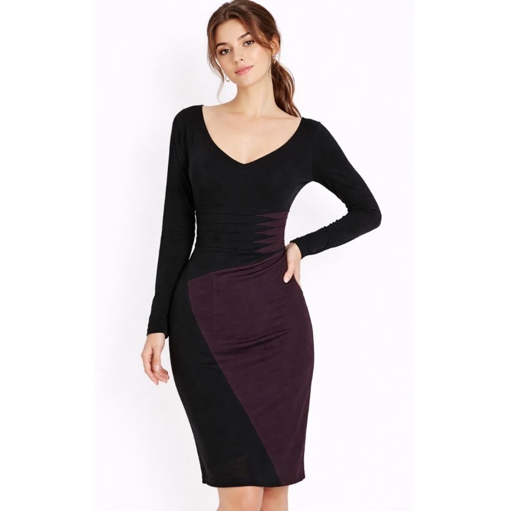 ZAC POSEN | Silk Black & Plum Purple Colorblock V-Neck Sheath Dress Sz. 10